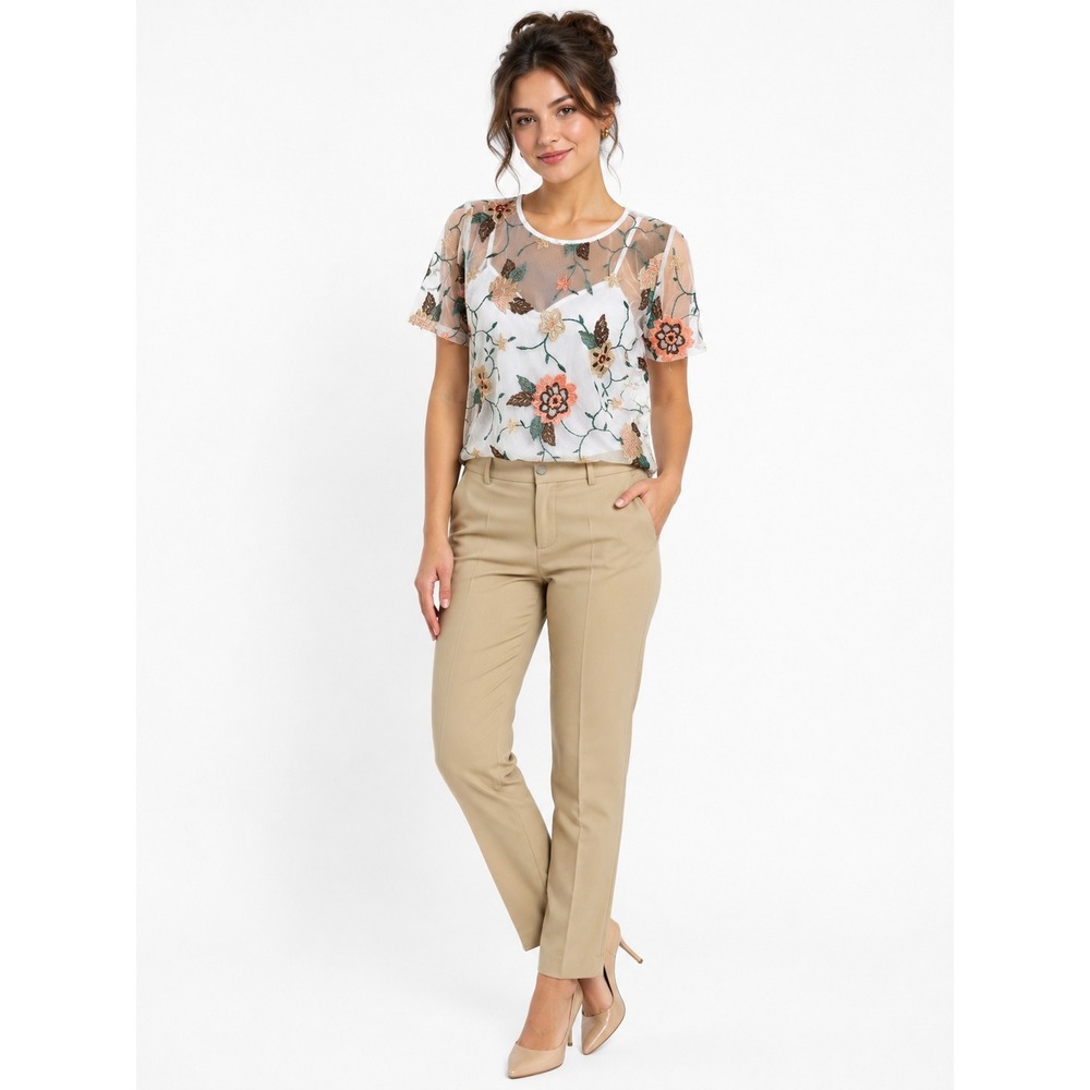 Glance Floral Embroidered Mesh Top with Camisole Liner White Medium Short Sleeve